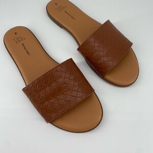 Brown Faux Leather Slip on Sandals Size 8